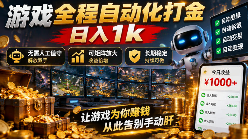【精选】(21119期)游戏全程自动化打金,日入1k,无需人工值守,解放双手,可矩阵放大,长期稳定!-元界资源网