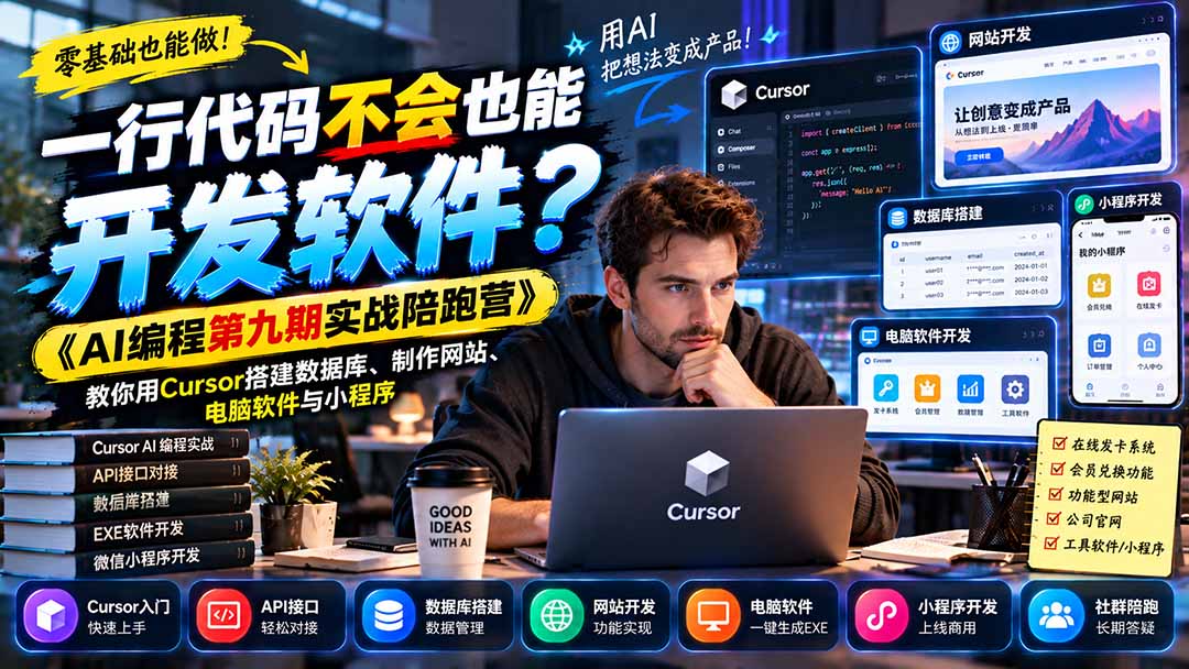(21146期)一行代码不会也能开发软件?《AI编程第九期实战陪跑营》教你用Cursor搭建数据库、制作网站、电脑软件与小程序(详解)-元界资源网