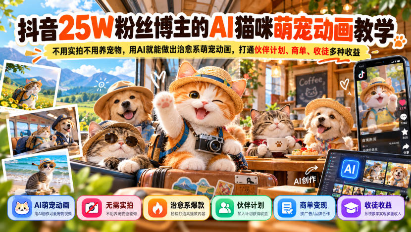 【分享】抖音25W粉丝博主的AI猫咪萌宠动画教学，不用实拍不用养宠物，用AI就能做出治愈系萌宠动画，打通伙伴计划、商单、收徒多种收益-元界资源网