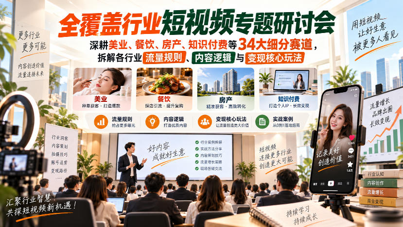 【精选】短视频专题研讨会，深耕美业、餐饮、房产、知识付费等34大细分赛道，拆解各行业流量规则、内容逻辑与变现核心玩法（更新1011）-元界资源网