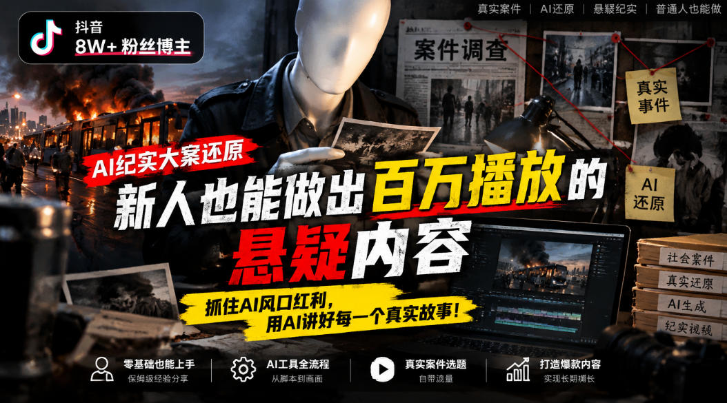最新抖音8W粉丝博主的AI纪实大案还原教学,新人也能做出百W播放的悬疑内容,抓住AI风口红利,用AI讲好每一个真实故事-元界资源网