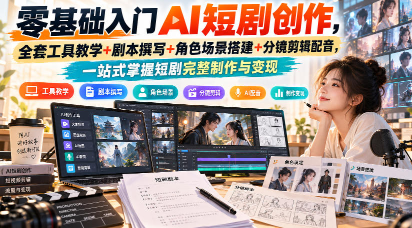 零基础入门AI短剧创作,全套工具教学+剧本撰写+角色场景搭建+分镜剪辑配音,一站式掌握短剧完整制作与变现(合集)-元界资源网
