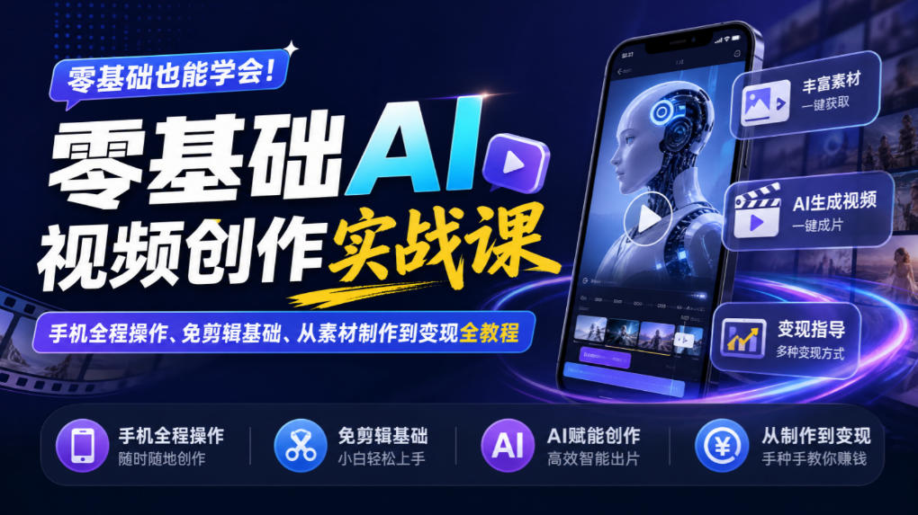 零基础AI视频创作实战课|手机全程操作、免剪辑基础、从素材制作到变现全教程(详解)-元界资源网