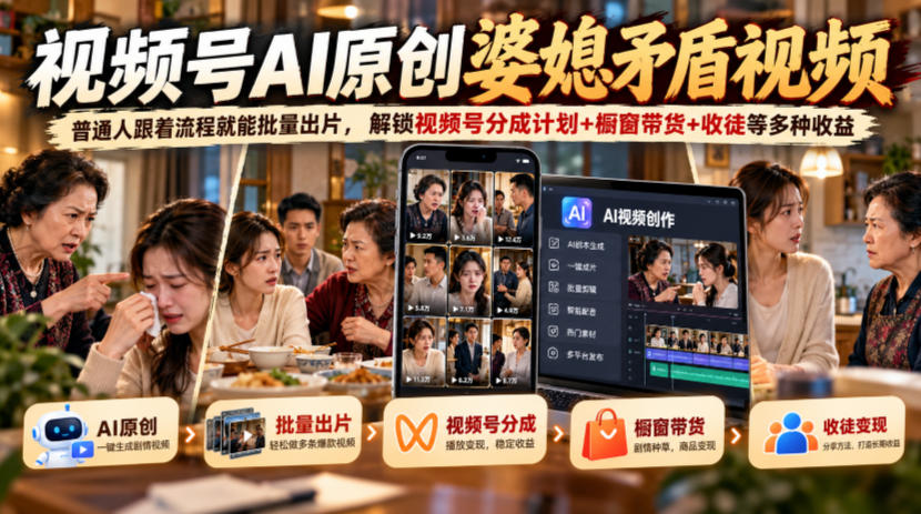 实用视频号ai原创婆媳矛盾视频,普通人跟着流程就能批量出片,解锁视频号分成计划+橱窗带货+收徒等多种收益-元界资源网