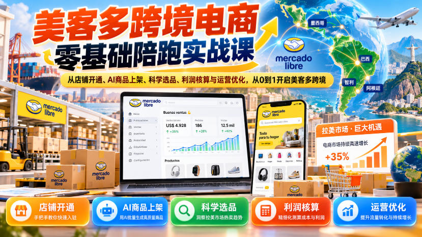 美客多跨境电商零基础陪跑实战课：从店铺开通、AI商品上架、科学选品、利润核算与运营优化，从0到1开启美客多跨境（指南）-元界资源网