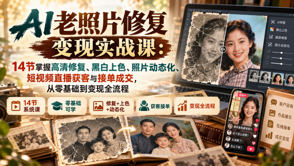 【分享】AI老照片修复变现实战课:14节掌握高清修复、黑白上色、照片动态化、短视频直播获客与接单成交,从零基础到变现全流程-元界资源网