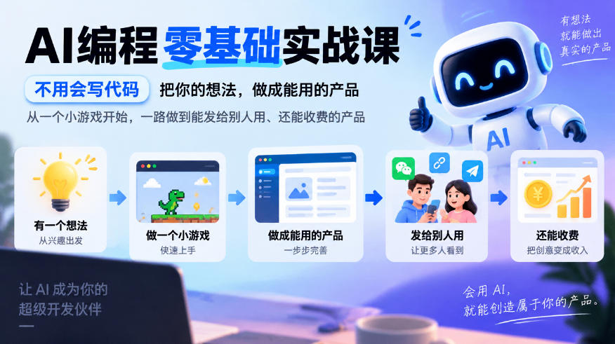 AI编程零基础实战课,不用会写代码,把你的想法,做成能用的产品,从一个小游戏开始,一路做到能发给别人用、还能收费的产品(资源下载)-元界资源网