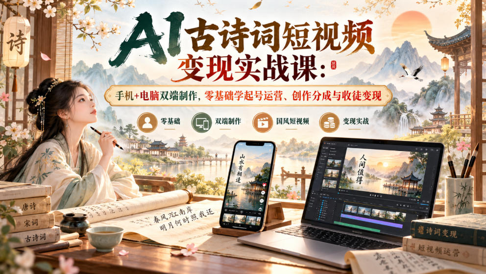 实用AI古诗词短视频变现实战课:手机+电脑双端制作,零基础学起号运营、创作分成与收徒变现-元界资源网