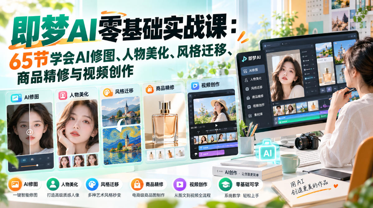 即梦AI零基础实战课:65节学会AI修图、人物美化、风格迁移、商品精修与视频创作(详解)-元界资源网
