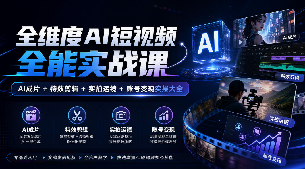 全维度AI短视频全能实战课,AI成片+特效剪辑+实拍运镜+账号变现实操大全(教程)-元界资源网
