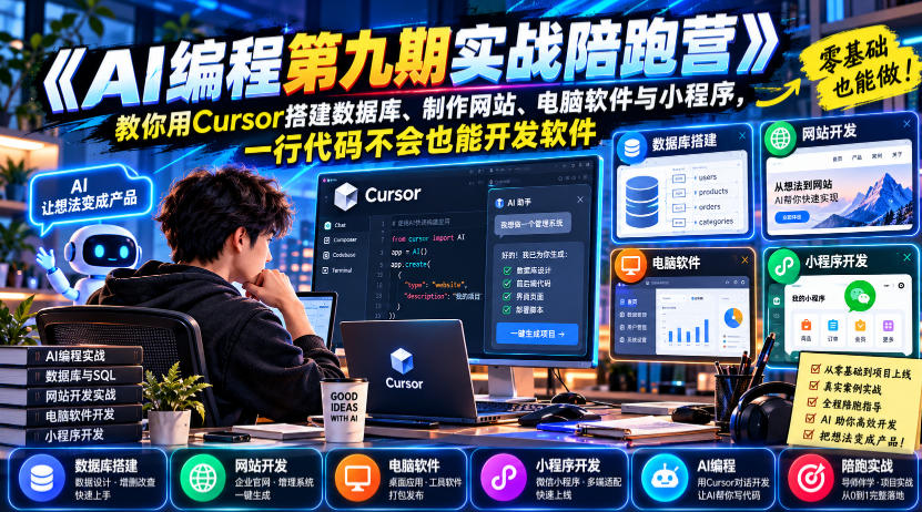 【无水印】《AI编程第九期实战陪跑营》教你用Cursor搭建数据库、制作网站、电脑软件与小程序,一行代码不会也能开发软件(教程)-元界资源网
