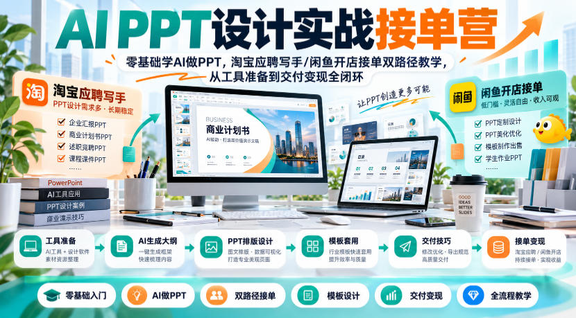 【推荐】AI PPT设计实战接单营|零基础学AI做PPT,淘宝应聘写手/闲鱼开店接单双路径教学,从工具准备到交付变现全闭环-元界资源网