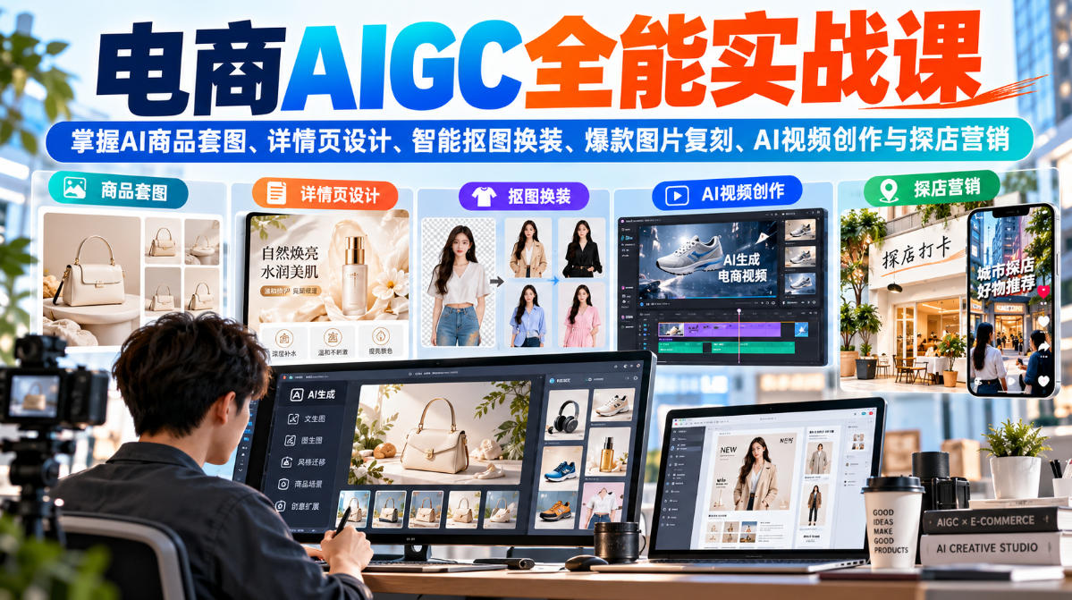 实用电商AIGC全能实战课:掌握AI商品套图、详情页设计、智能抠图换装、爆款图片复刻、AI视频创作与探店营销-元界资源网