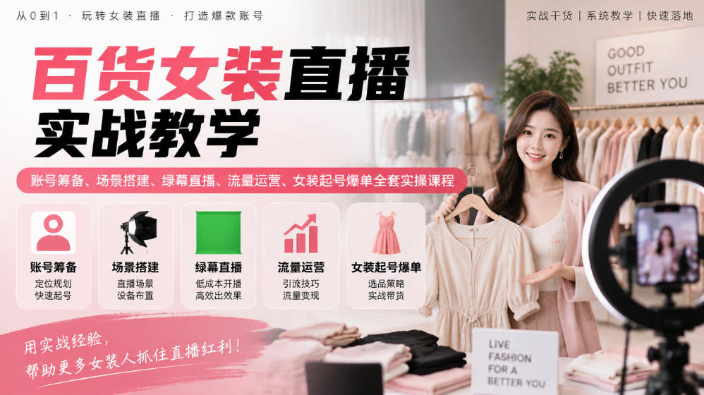 实用百货女装直播实战教学｜账号筹备、场景搭建、绿幕直播、流量运营、女装起号爆单全套实操课程-元界资源网