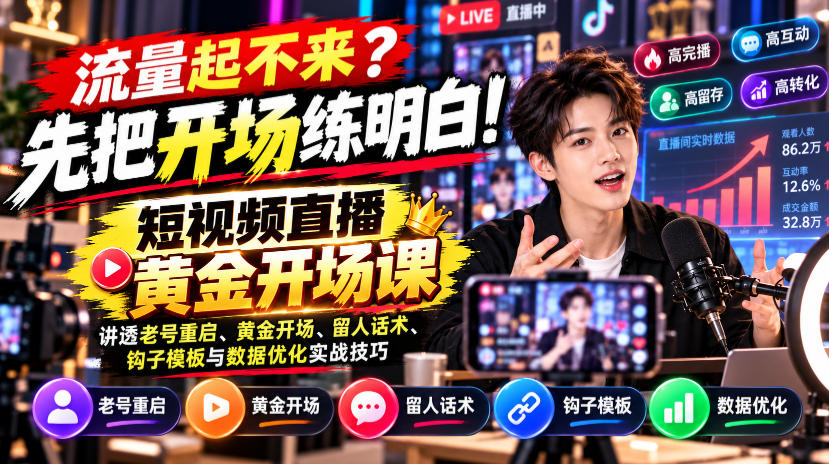实用【无水印】流量起不来?先把开场练明白!短视频直播黄金开场课,讲透老号重启、黄金开场、留人话术、钩子模板与数据优化实战技巧-元界资源网