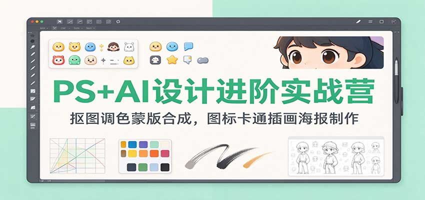 实用PS+AI设计进阶实战营:抠图调色蒙版合成,图标卡通插画海报制作-元界资源网
